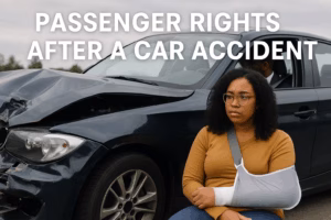 image of a woman sitting beside a wrecked car