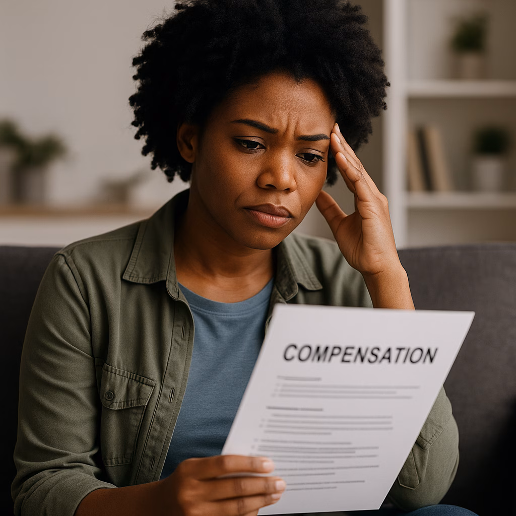 woman studying compensation paperwork