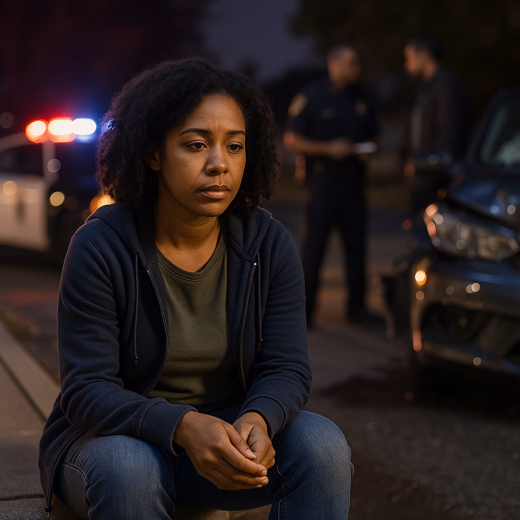 woman sitting on a curb while a police officer speaks to a man in the background next to a car crash