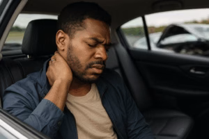 man holding his neck in as a passenger after a car wreck