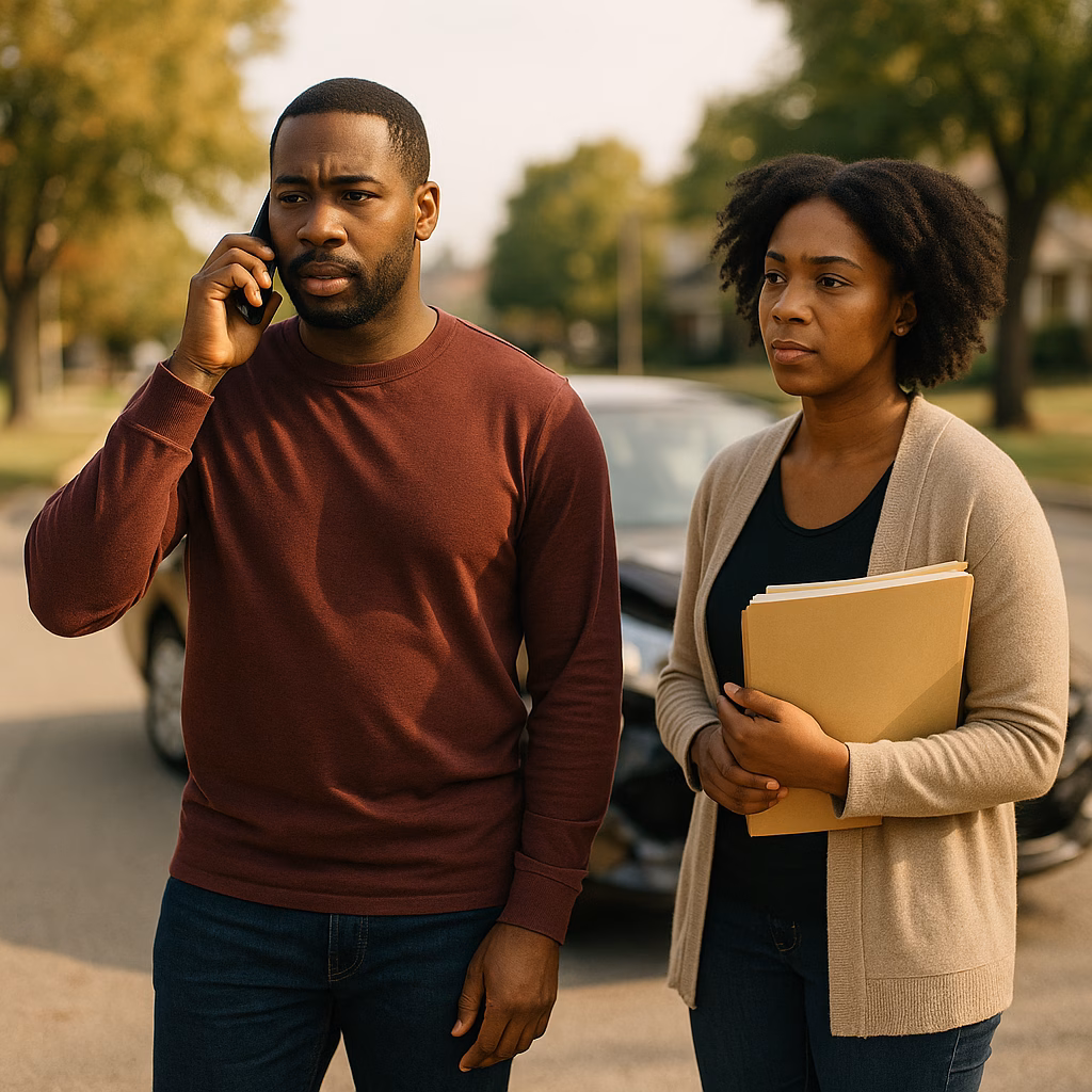 A cinematic, natural-light photo of an African American man and woman standing near a damaged car on a quiet suburban street. The man is on the phone with an insurance representative, while the woman looks on, holding a folder of paperwork. The mood is calm, serious, and hopeful — not chaotic.