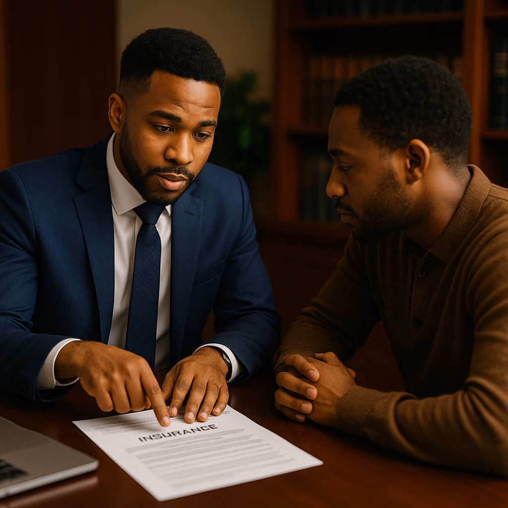 An African American attorney in a navy suit sits across from a client in a modern office, pointing to printed insurance documents. Both appear focused and collaborative. Law books and a plant in the background.