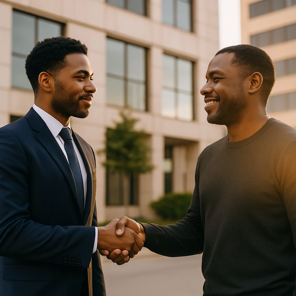 Outside a modern office building, an African American lawyer shakes hands with a smiling client, symbolizing relief and closure after a case. Both dressed professionally, subtle sun flare in background for hopeful mood.