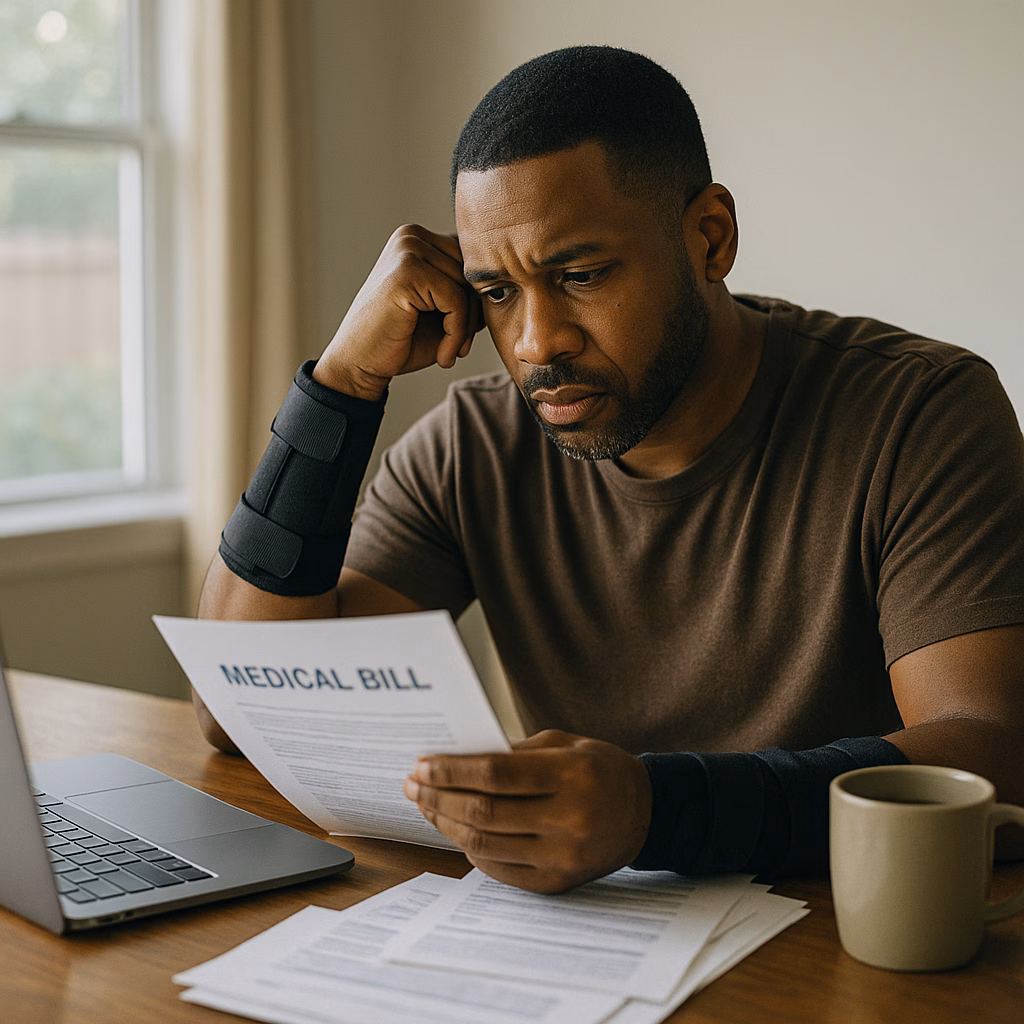 An African American man with a wrist brace sits at his kitchen table reviewing medical bills. A laptop, coffee mug, and scattered documents sit in front of him
