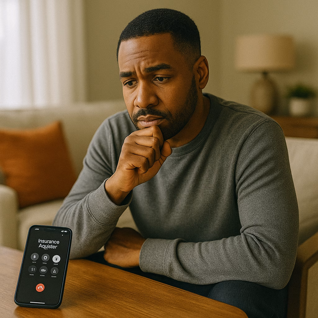 A staged scene showing an African American man sitting in his living room while speaking on speakerphone with an insurance adjuster. A smartphone on the table shows the call screen. The man appears cautious and thoughtful