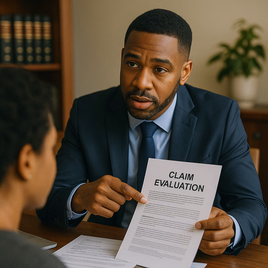 A well-dressed African American attorney in a navy suit speaks with a client in a modern office. The lawyer points to a printed document labeled “Claim Evaluation.” Bookshelves and a small plant sit in the background