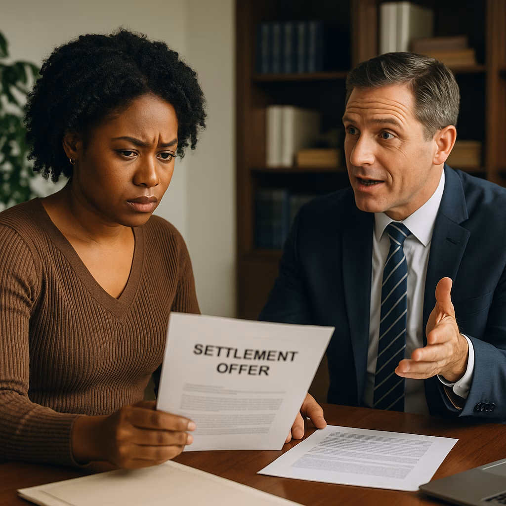 An African American woman sits across from an insurance adjuster in a corporate office, reviewing a printed settlement offer. She looks skeptical while the adjuster gestures confidently.