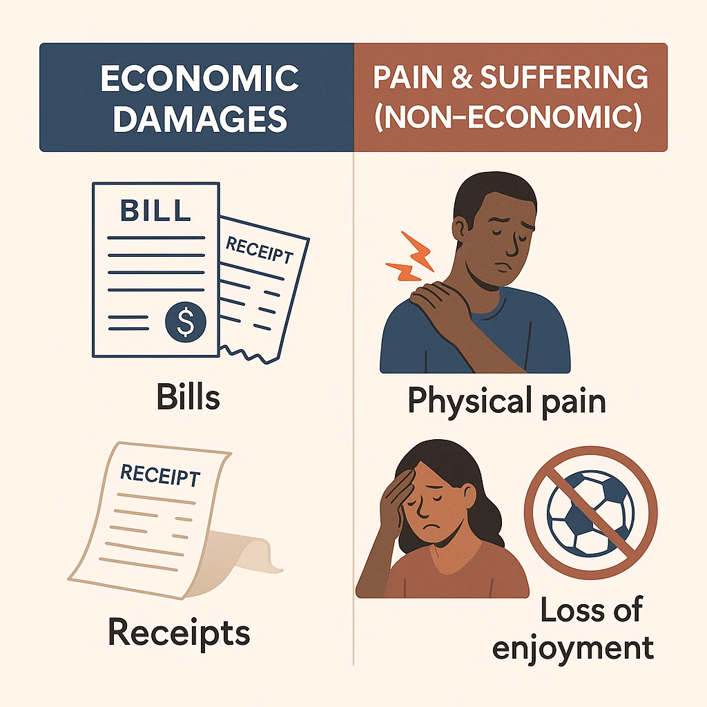 Infographic comparing economic damages to pain and suffering in a car accident claim.