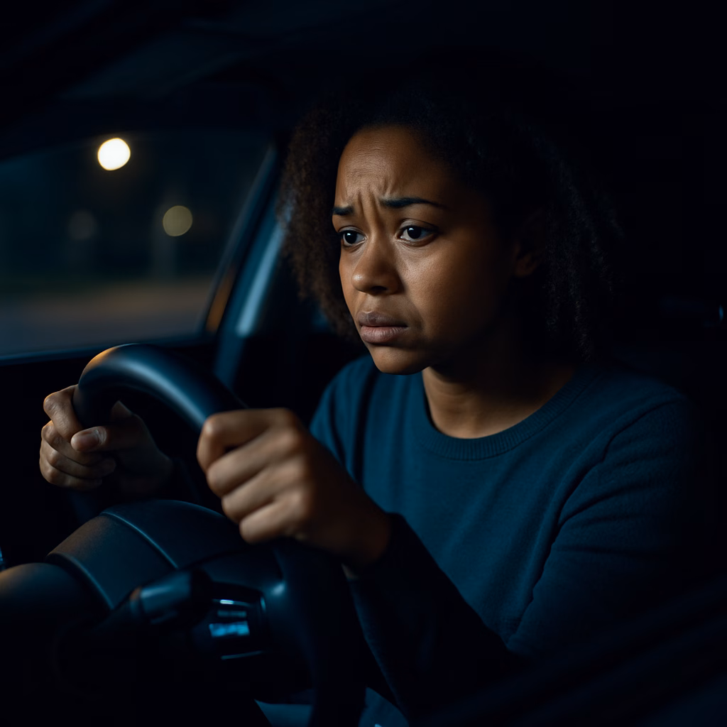 Driver experiencing anxiety and emotional distress after a car accident.