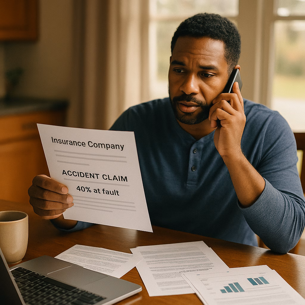 Driver reviewing an insurance letter showing a comparative negligence fault percentage